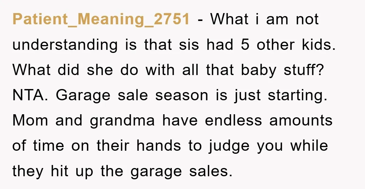 Patient_Meaning_2751 − What i am not understanding is that sis had 5 other kids. What did she do with all that baby stuff? NTA. Garage sale season is just starting....