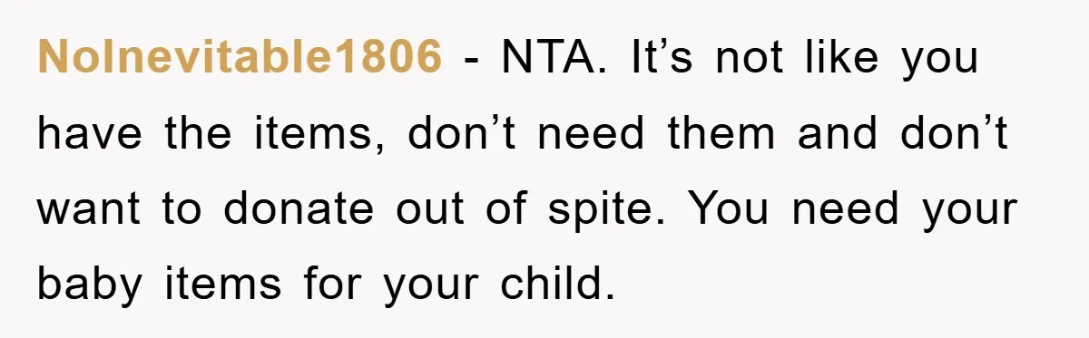 NoInevitable1806 − NTA. It’s not like you have the items, don’t need them and don’t want to donate out of spite. You need your baby items for your child.