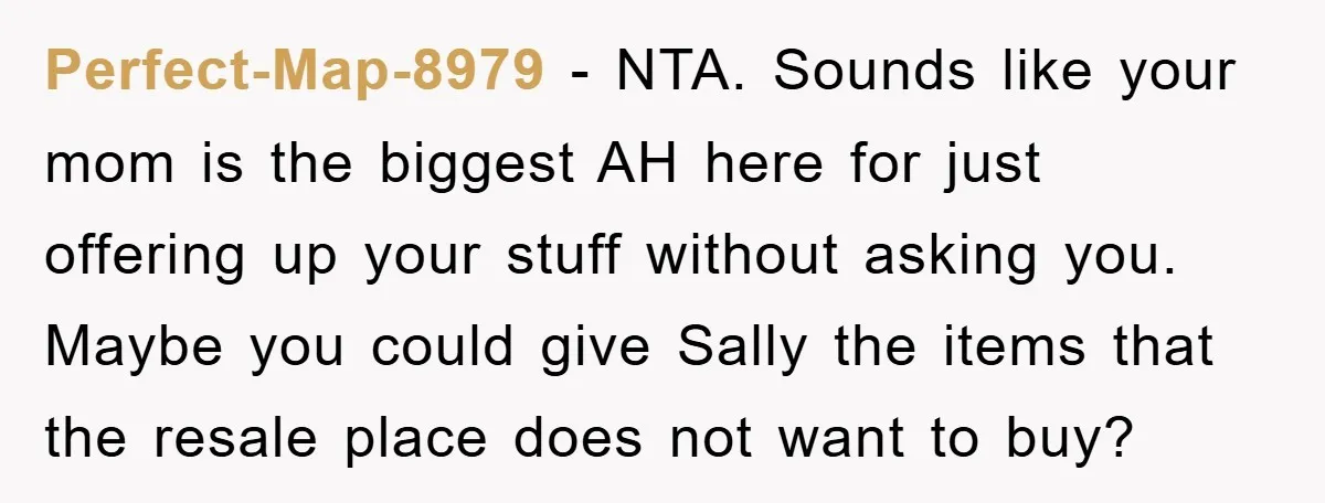 Perfect-Map-8979 − NTA. Sounds like your mom is the biggest AH here for just offering up your stuff without asking you. Maybe you could give Sally the items that the...