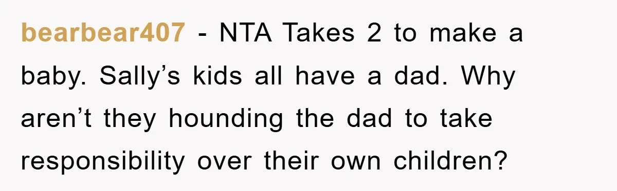 bearbear407 − NTA Takes 2 to make a baby. Sally’s kids all have a dad. Why aren’t they hounding the dad to take responsibility over their own children?