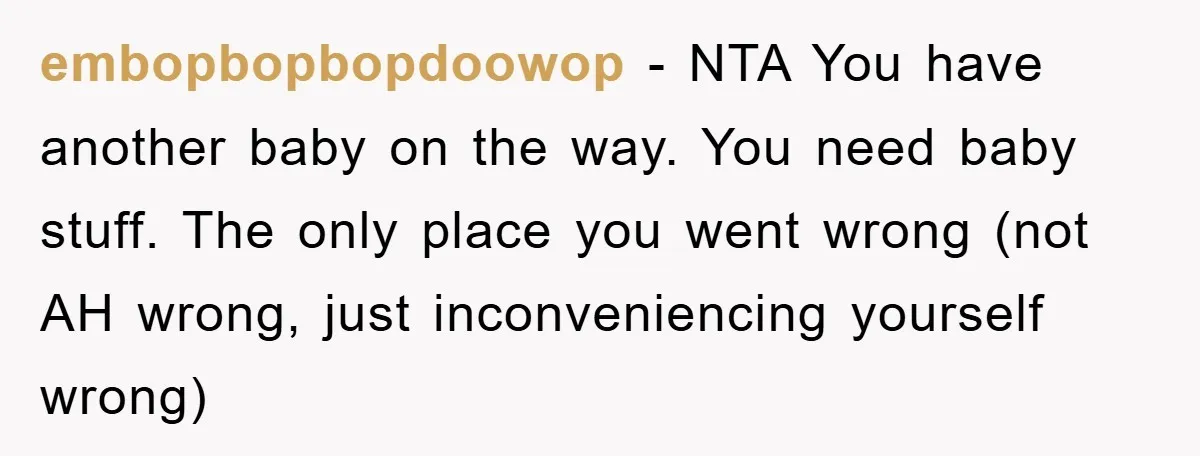 embopbopbopdoowop − NTA You have another baby on the way. You need baby stuff. The only place you went wrong (not AH wrong, just inconveniencing yourself wrong)