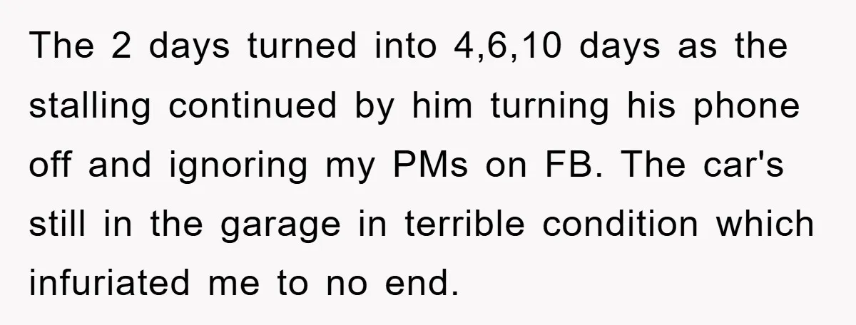 The 2 days turned into 4,6,10 days as the stalling continued by him turning his phone off and ignoring my PMs on FB. The car's still in the garage in...