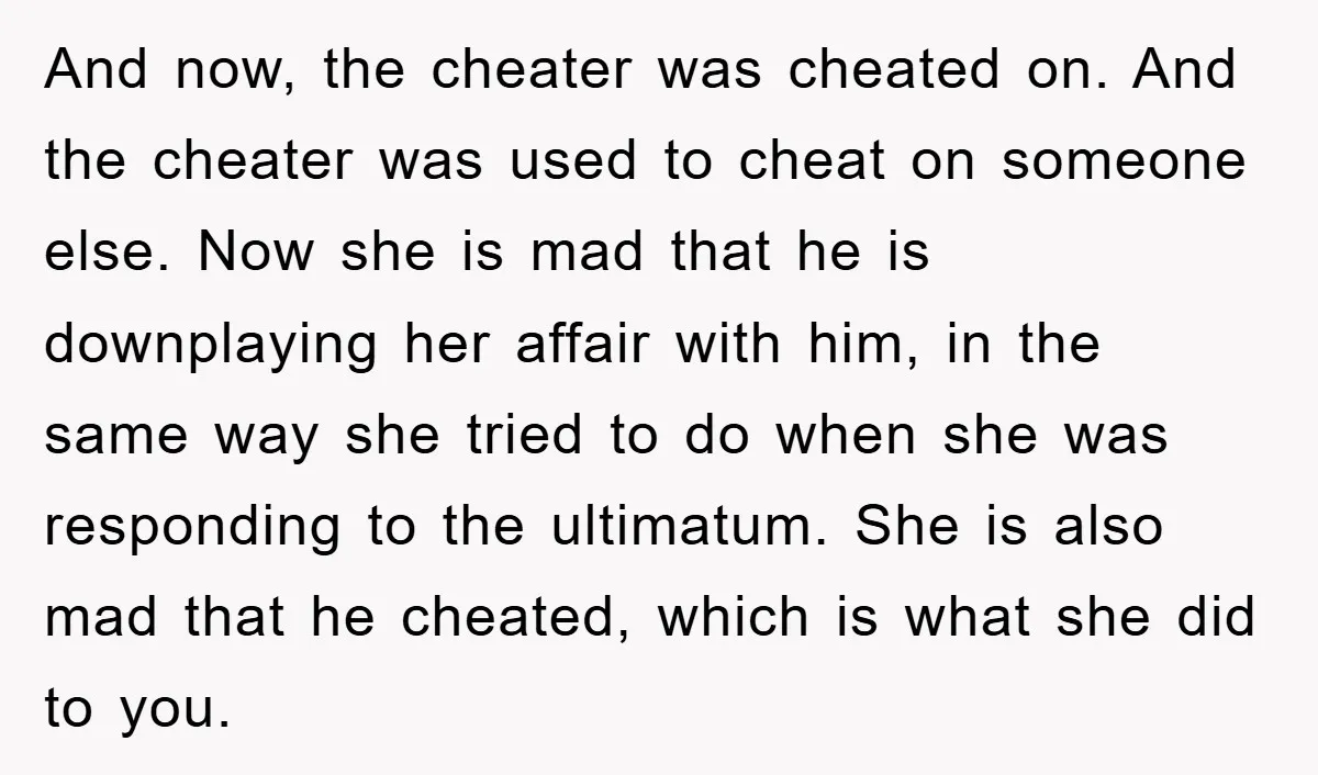 And now, the cheater was cheated on. And the cheater was used to cheat on someone else. Now she is mad that he is downplaying her affair with him, in...