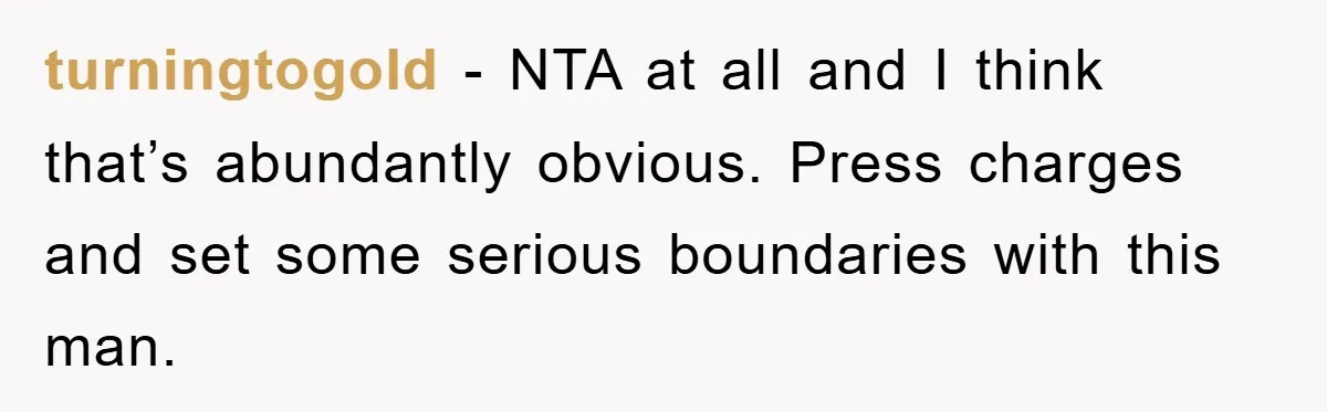 turningtogold − NTA at all and I think that’s abundantly obvious. Press charges and set some serious boundaries with this man.
