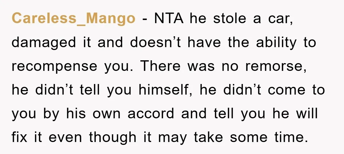 Careless_Mango − NTA he stole a car, damaged it and doesn’t have the ability to recompense you. There was no remorse, he didn’t tell you himself, he didn’t come to...