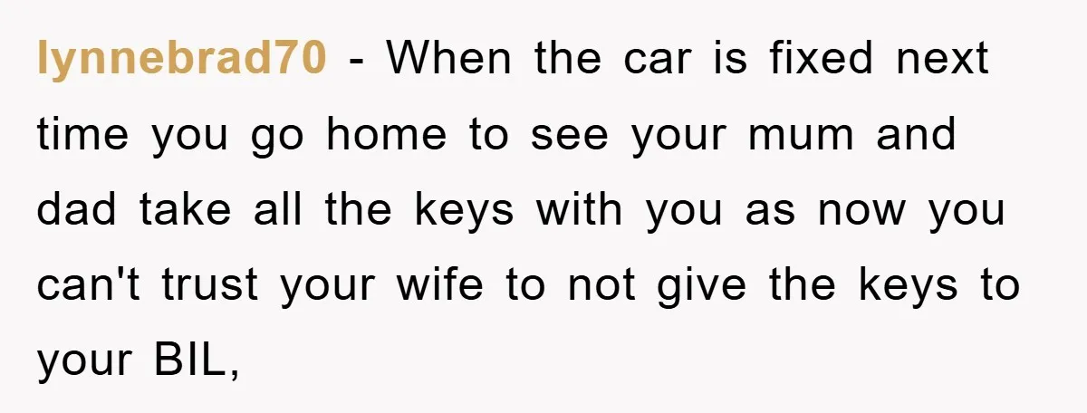 lynnebrad70 − When the car is fixed next time you go home to see your mum and dad take all the keys with you as now you can't trust your...