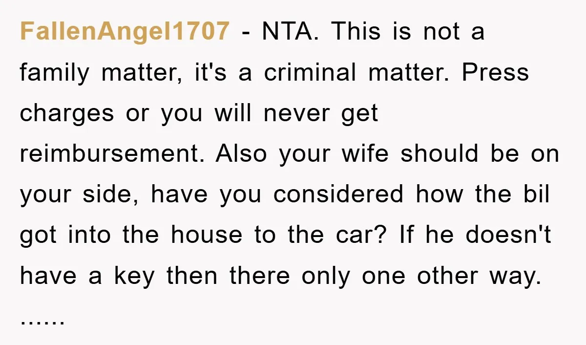 FallenAngel1707 − NTA. This is not a family matter, it's a criminal matter. Press charges or you will never get reimbursement. Also your wife should be on your side, have...