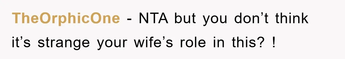 TheOrphicOne − NTA but you don’t think it’s strange your wife’s role in this? !