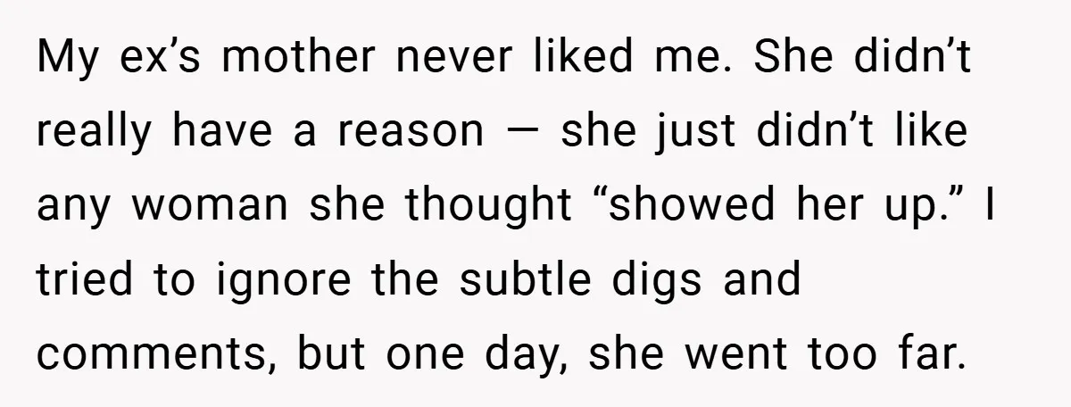 My ex’s mother never liked me. She didn’t really have a reason — she just didn’t like any woman she thought “showed her up.” I tried to ignore the subtle...