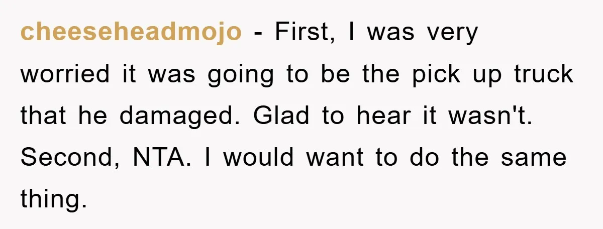 cheeseheadmojo − First, I was very worried it was going to be the pick up truck that he damaged. Glad to hear it wasn't. Second, NTA. I would want to...