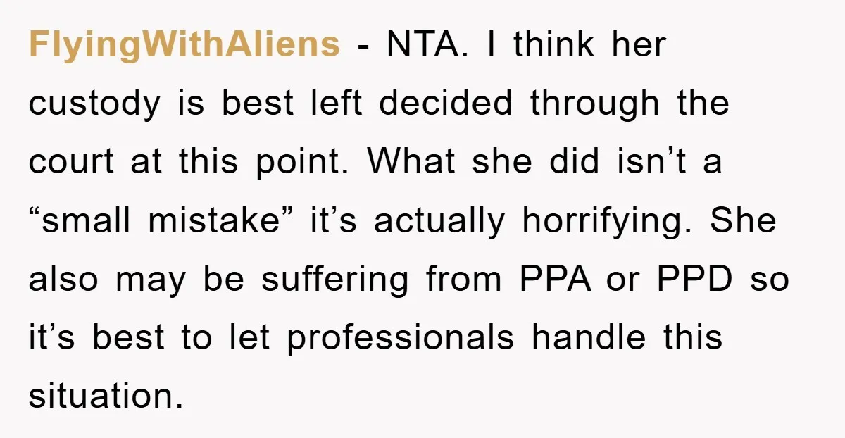 FlyingWithAliens − NTA. I think her custody is best left decided through the court at this point. What she did isn’t a “small mistake” it’s actually horrifying. She also may...