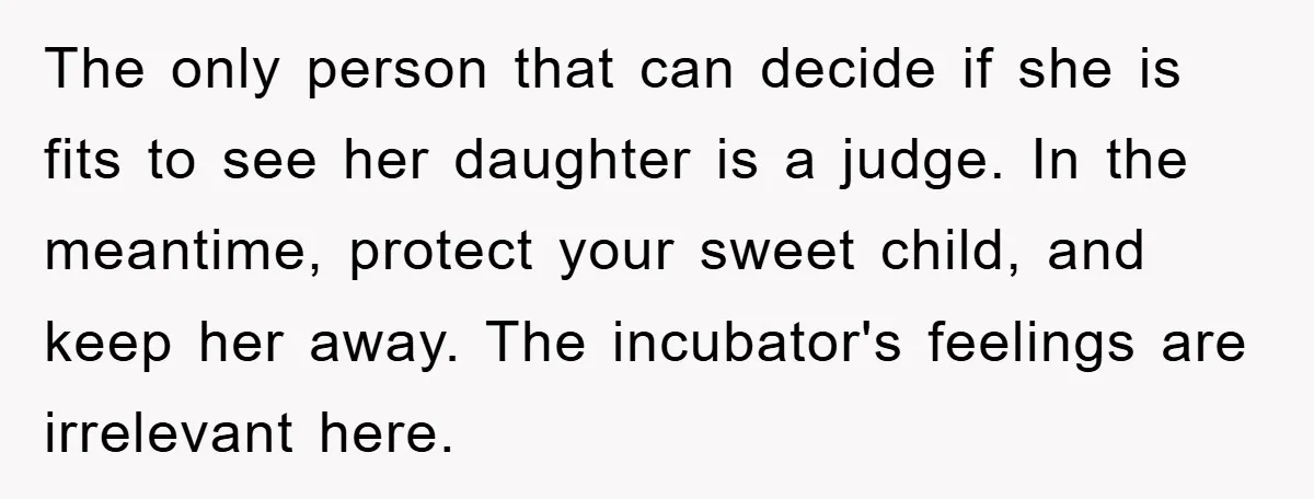 The only person that can decide if she is fits to see her daughter is a judge. In the meantime, protect your sweet child, and keep her away. The incubator's...