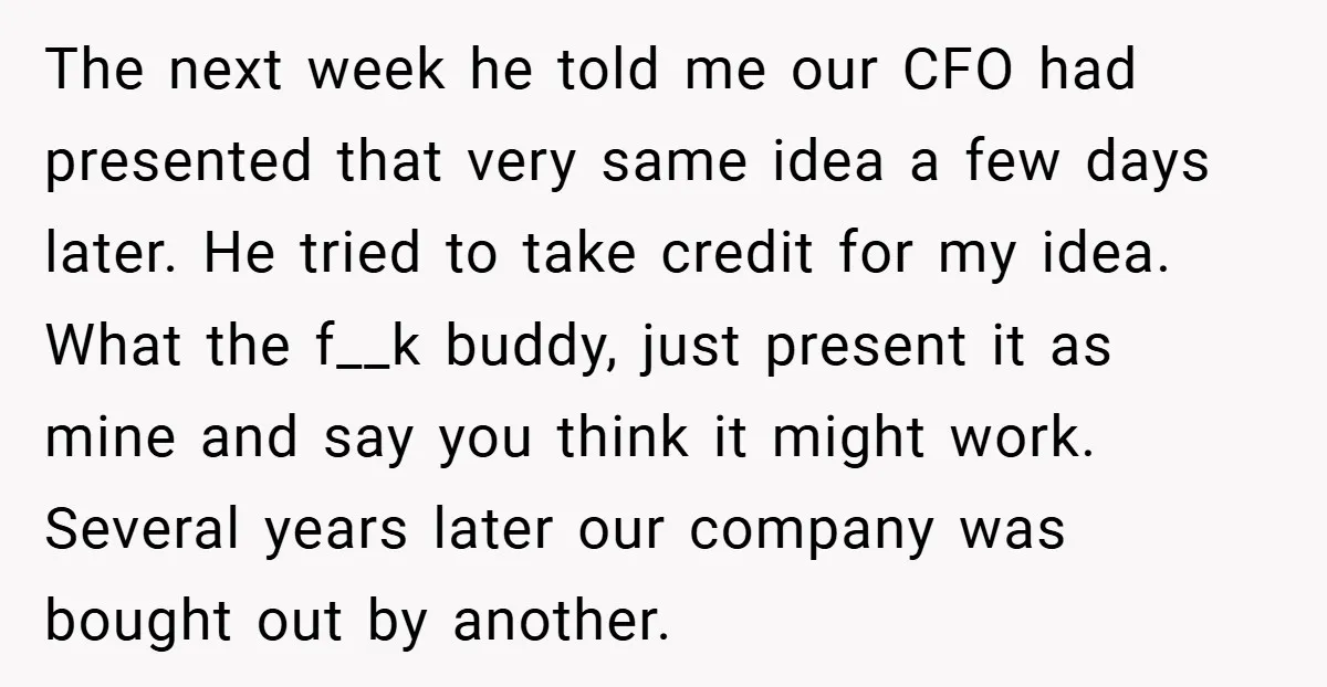 The next week he told me our CFO had presented that very same idea a few days later. He tried to take credit for my idea. What the f__k buddy,...