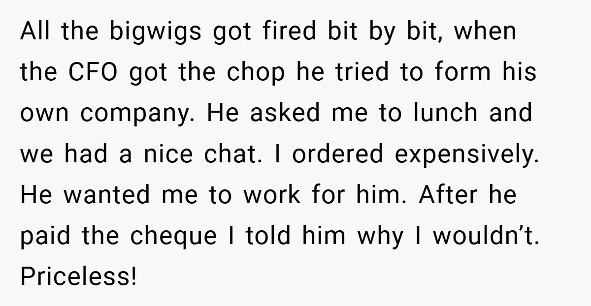 All the bigwigs got fired bit by bit, when the CFO got the chop he tried to form his own company. He asked me to lunch and we had a...