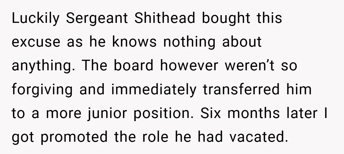 Luckily Sergeant Shithead bought this excuse as he knows nothing about anything. The board however weren’t so forgiving and immediately transferred him to a more junior position. Six months later...