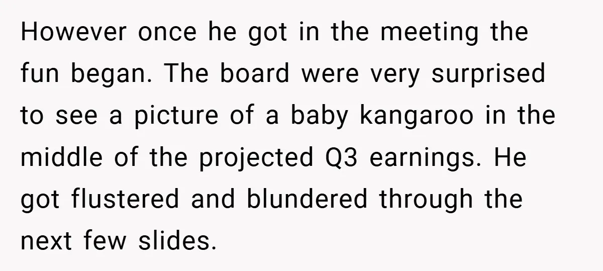 However once he got in the meeting the fun began. The board were very surprised to see a picture of a baby kangaroo in the middle of the projected Q3...