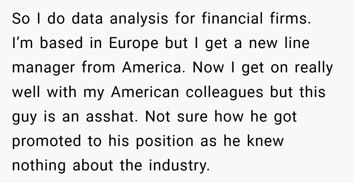 So I do data analysis for financial firms. I’m based in Europe but I get a new line manager from America. Now I get on really well with my American...