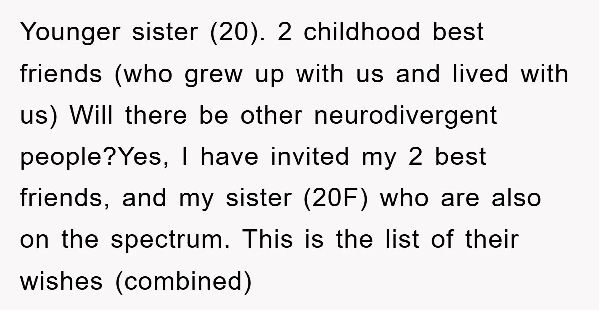 Younger sister (20). 2 childhood best friends (who grew up with us and lived with us) Will there be other neurodivergent people?Yes, I have invited my 2 best friends, and...