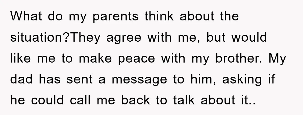 What do my parents think about the situation?They agree with me, but would like me to make peace with my brother. My dad has sent a message to him, asking...