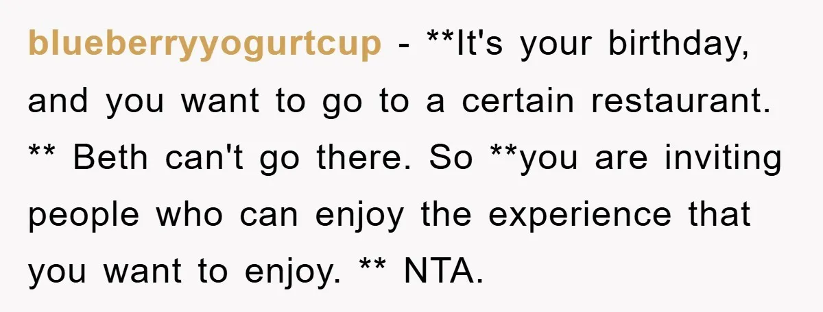 blueberryyogurtcup − **It's your birthday, and you want to go to a certain restaurant. ** Beth can't go there. So **you are inviting people who can enjoy the experience that...