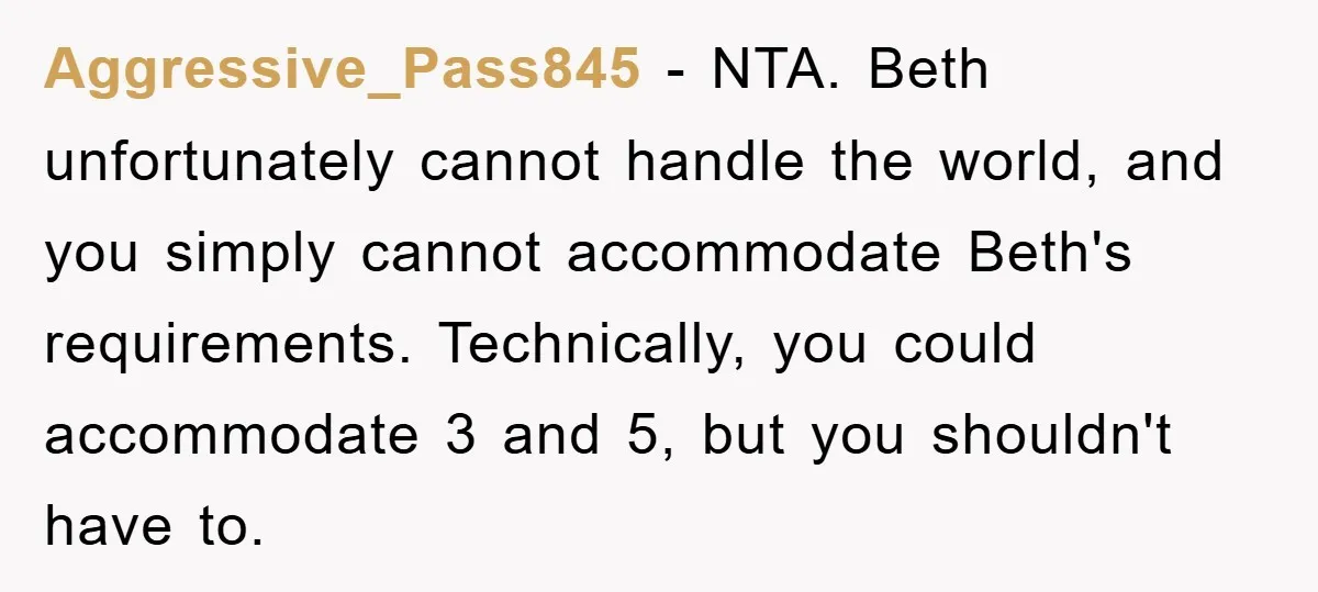 Aggressive_Pass845 − NTA. Beth unfortunately cannot handle the world, and you simply cannot accommodate Beth's requirements. Technically, you could accommodate 3 and 5, but you shouldn't have to.