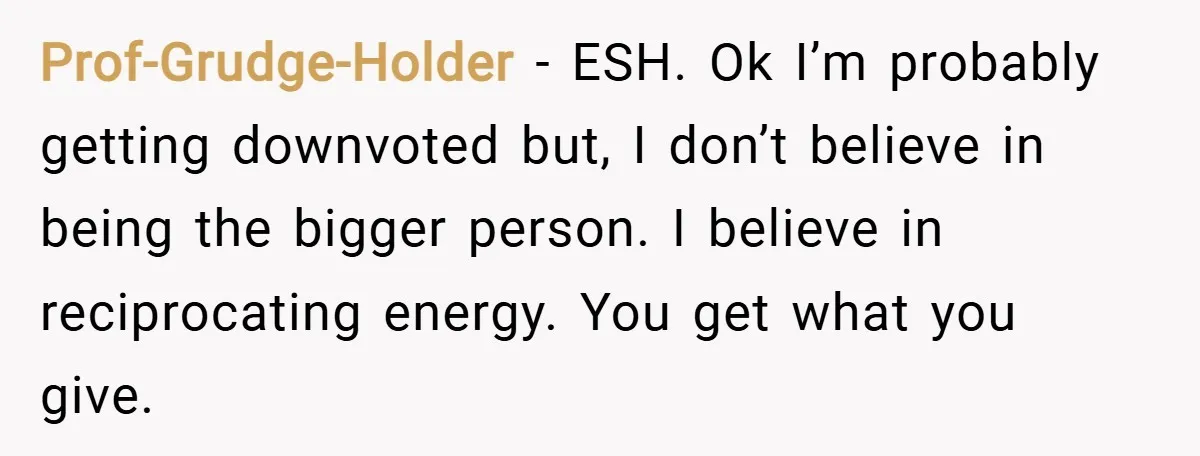 Prof-Grudge-Holder − ESH. Ok I’m probably getting downvoted but, I don’t believe in being the bigger person. I believe in reciprocating energy. You get what you give.