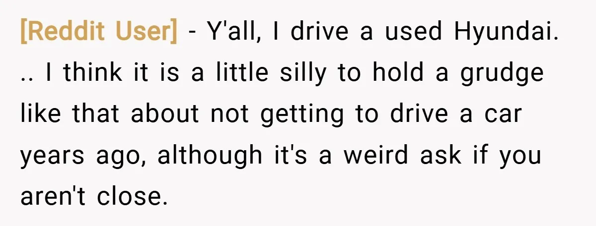 [Reddit User] − Y'all, I drive a used Hyundai. .. I think it is a little silly to hold a grudge like that about not getting to drive a car...