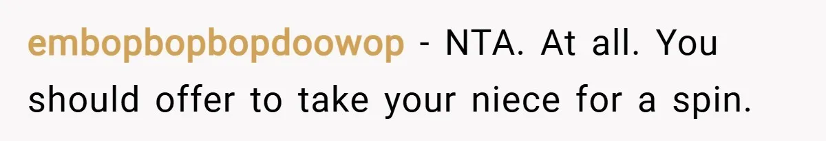 embopbopbopdoowop − NTA. At all. You should offer to take your niece for a spin.