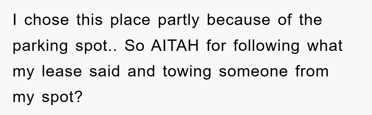 I chose this place partly because of the parking spot.. So AITAH for following what my lease said and towing someone from my spot?