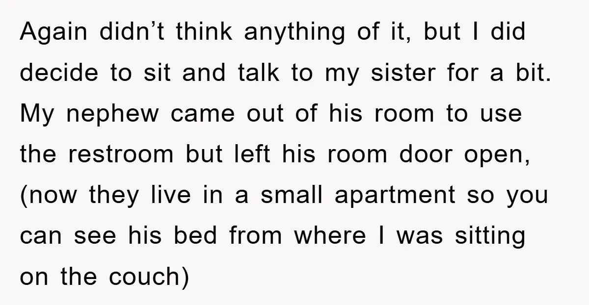 Again didn’t think anything of it, but I did decide to sit and talk to my sister for a bit. My nephew came out of his room to use the...