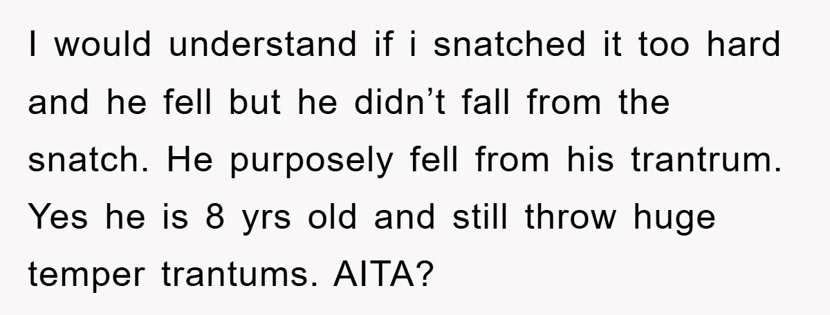 I would understand if i snatched it too hard and he fell but he didn’t fall from the snatch. He purposely fell from his trantrum. Yes he is 8 yrs...