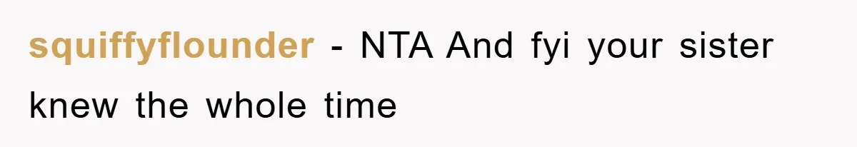 squiffyflounder − NTA And fyi your sister knew the whole time
