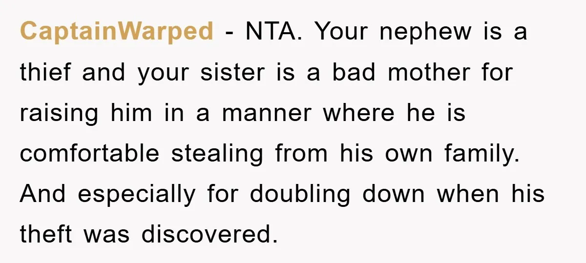 CaptainWarped − NTA. Your nephew is a thief and your sister is a bad mother for raising him in a manner where he is comfortable stealing from his own family....