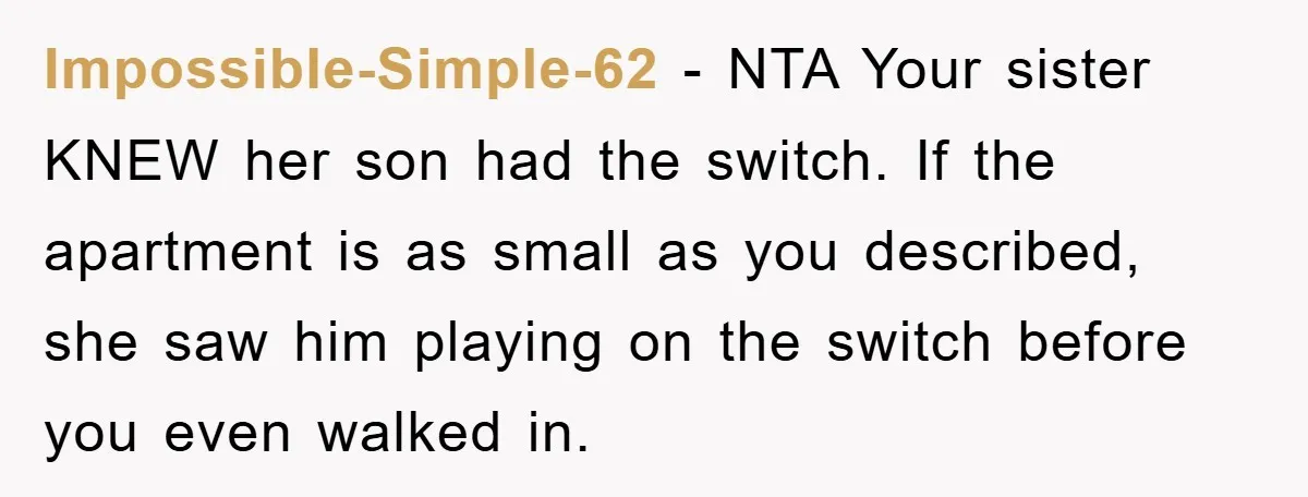 Impossible-Simple-62 − NTA Your sister KNEW her son had the switch. If the apartment is as small as you described, she saw him playing on the switch before you even...