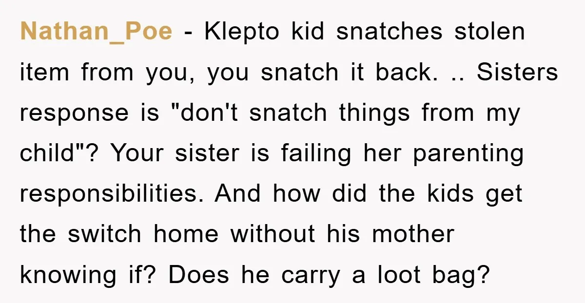 Nathan_Poe − Klepto kid snatches stolen item from you, you snatch it back. .. Sisters response is "don't snatch things from my child"? Your sister is failing her parenting responsibilities....