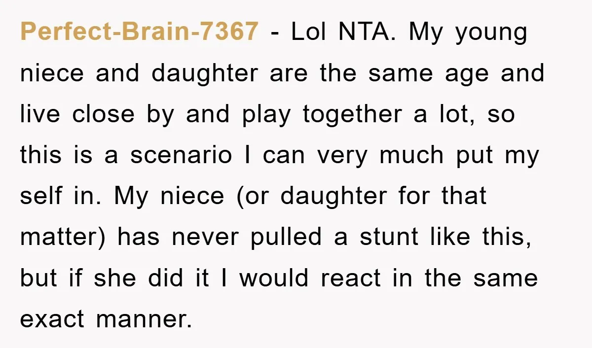 Perfect-Brain-7367 − Lol NTA. My young niece and daughter are the same age and live close by and play together a lot, so this is a scenario I can very...