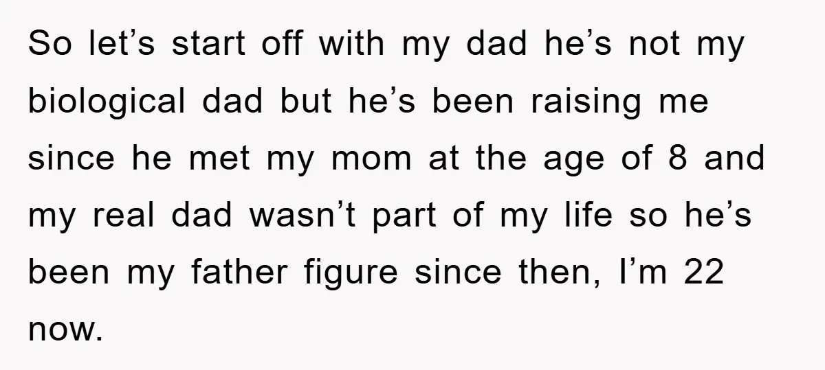 So let’s start off with my dad he’s not my biological dad but he’s been raising me since he met my mom at the age of 8 and my real...