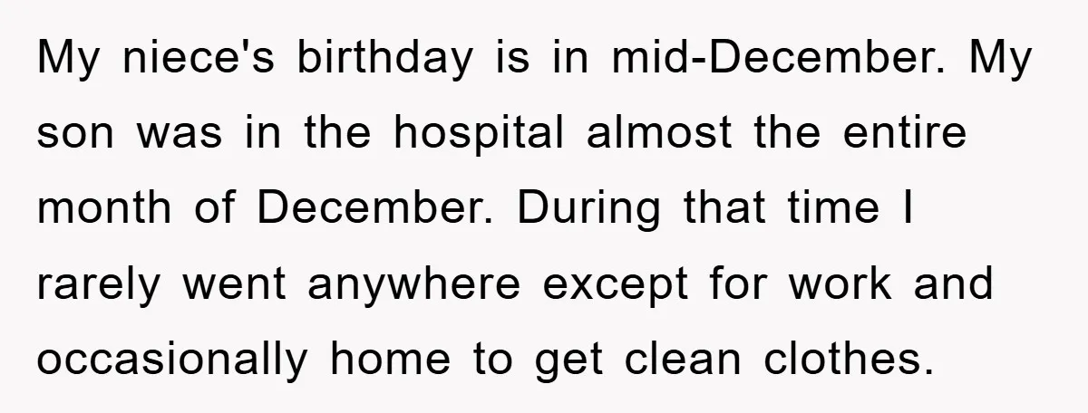 My niece's birthday is in mid-December. My son was in the hospital almost the entire month of December. During that time I rarely went anywhere except for work and occasionally...
