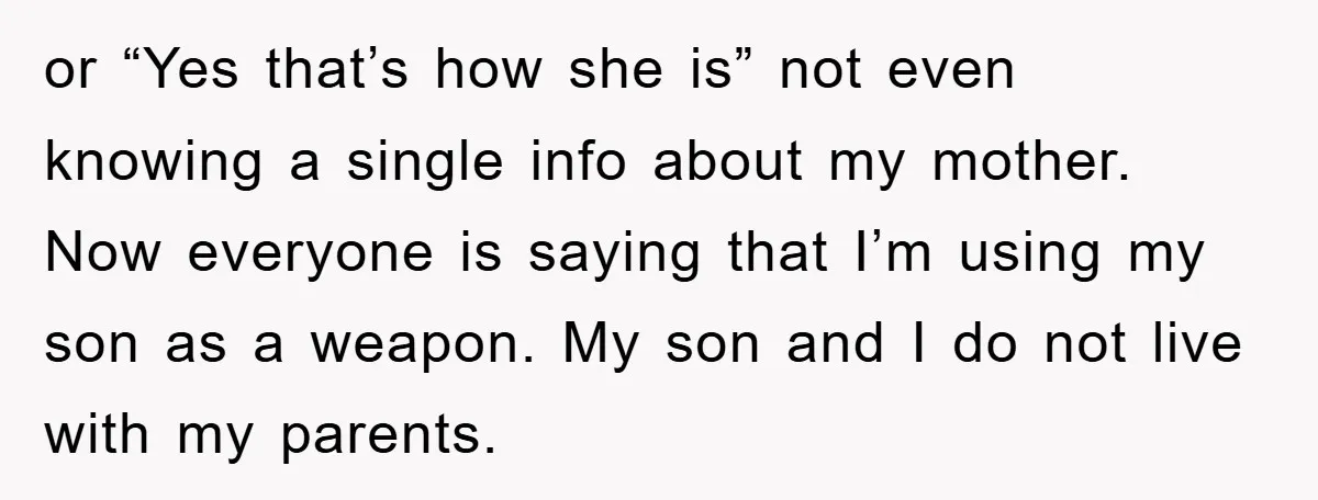 or “Yes that’s how she is” not even knowing a single info about my mother. Now everyone is saying that I’m using my son as a weapon. My son and...