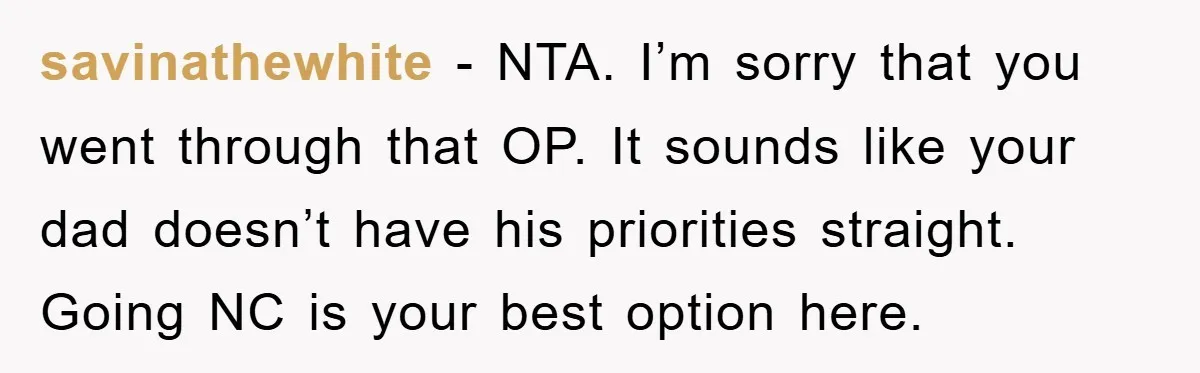 savinathewhite − NTA. I’m sorry that you went through that OP. It sounds like your dad doesn’t have his priorities straight. Going NC is your best option here.