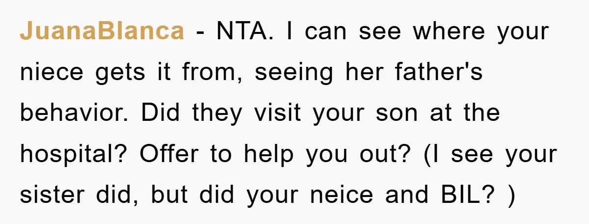 JuanaBlanca − NTA. I can see where your niece gets it from, seeing her father's behavior. Did they visit your son at the hospital? Offer to help you out? (I...