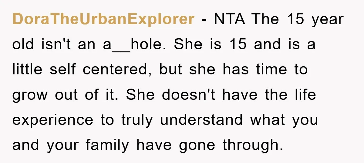 DoraTheUrbanExplorer − NTA The 15 year old isn't an a__hole. She is 15 and is a little self centered, but she has time to grow out of it. She doesn't...
