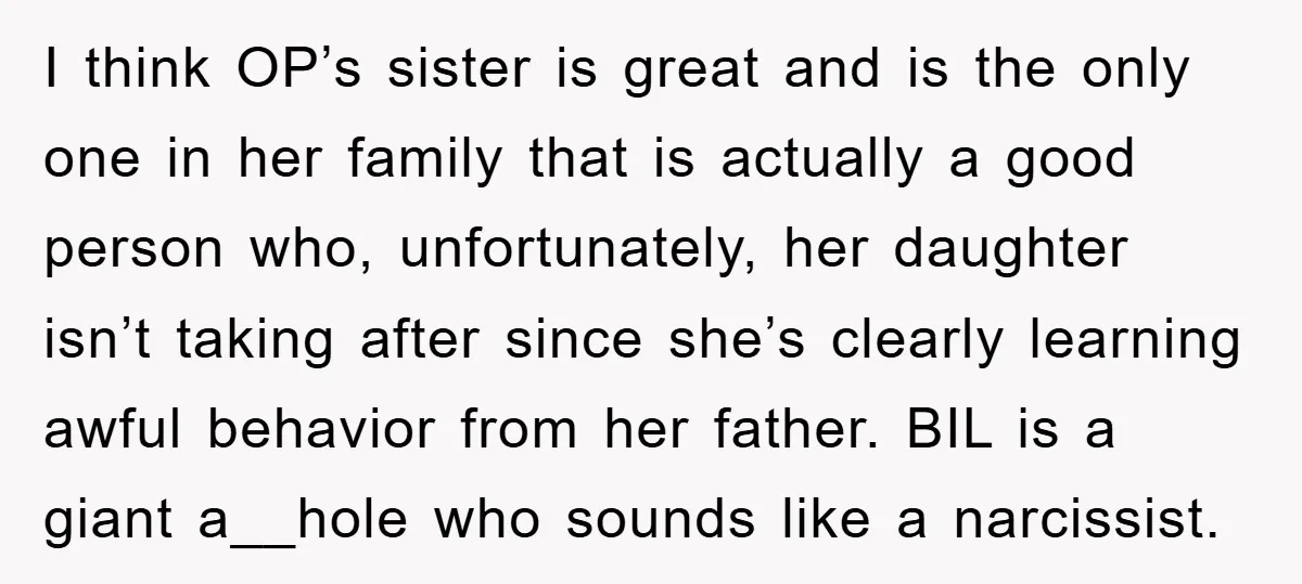 I think OP’s sister is great and is the only one in her family that is actually a good person who, unfortunately, her daughter isn’t taking after since she’s clearly...