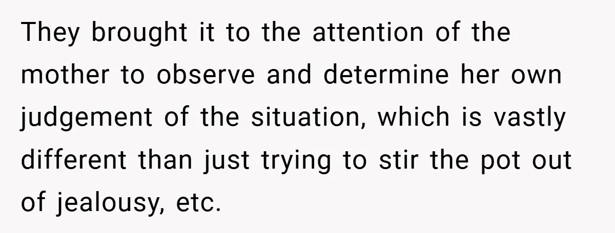 They brought it to the attention of the mother to observe and determine her own judgement of the situation, which is vastly different than just trying to stir the pot...