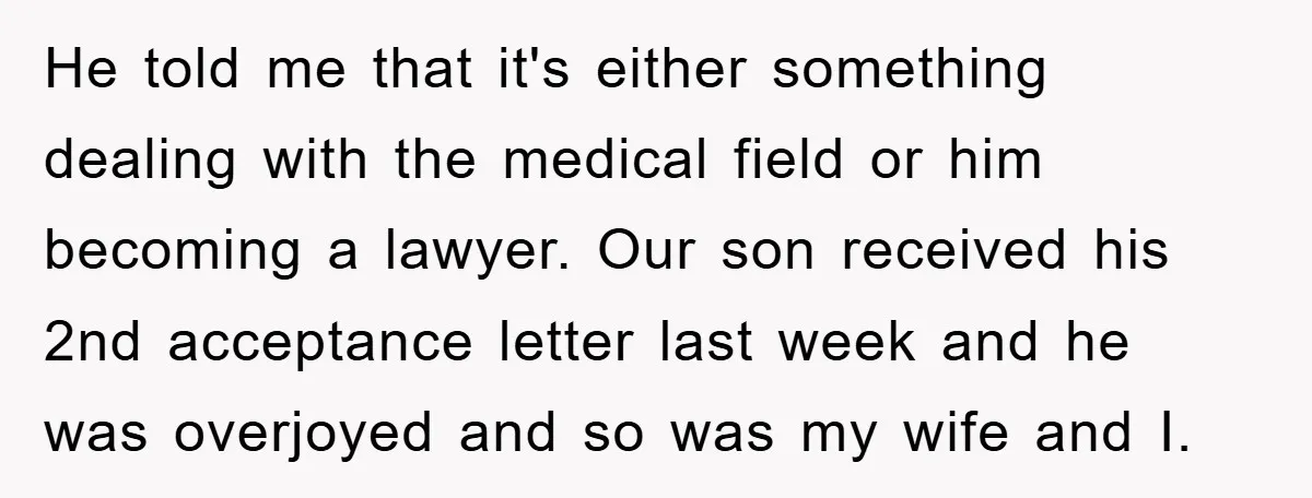 He told me that it's either something dealing with the medical field or him becoming a lawyer. Our son received his 2nd acceptance letter last week and he was overjoyed...