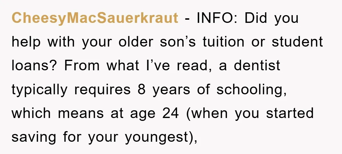 CheesyMacSauerkraut − INFO: Did you help with your older son’s tuition or student loans? From what I’ve read, a dentist typically requires 8 years of schooling, which means at age...