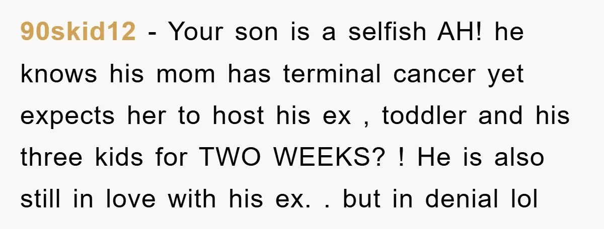 90skid12 − Your son is a selfish AH! he knows his mom has terminal cancer yet expects her to host his ex , toddler and his three kids for TWO...