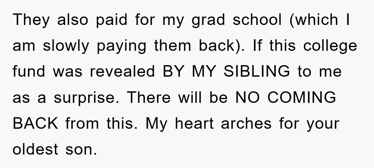 They also paid for my grad school (which I am slowly paying them back). If this college fund was revealed BY MY SIBLING to me as a surprise. There will...