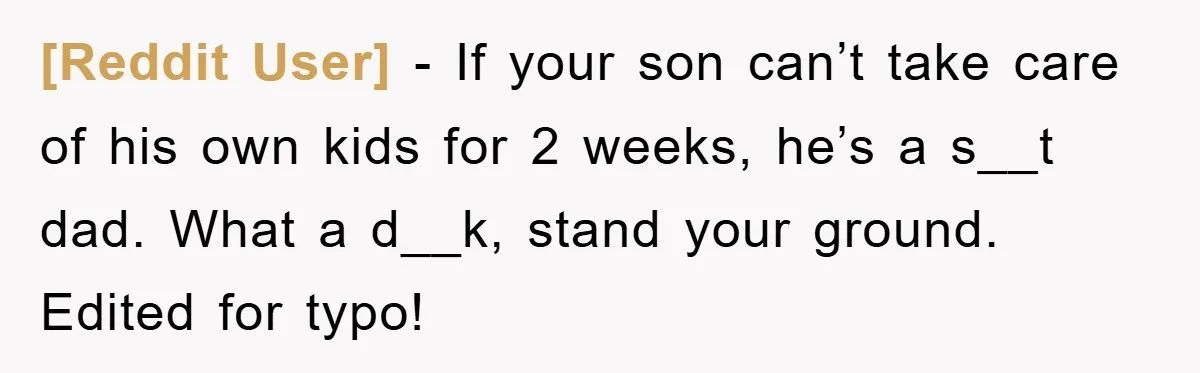 [Reddit User] − If your son can’t take care of his own kids for 2 weeks, he’s a s__t dad. What a d__k, stand your ground. Edited for typo!