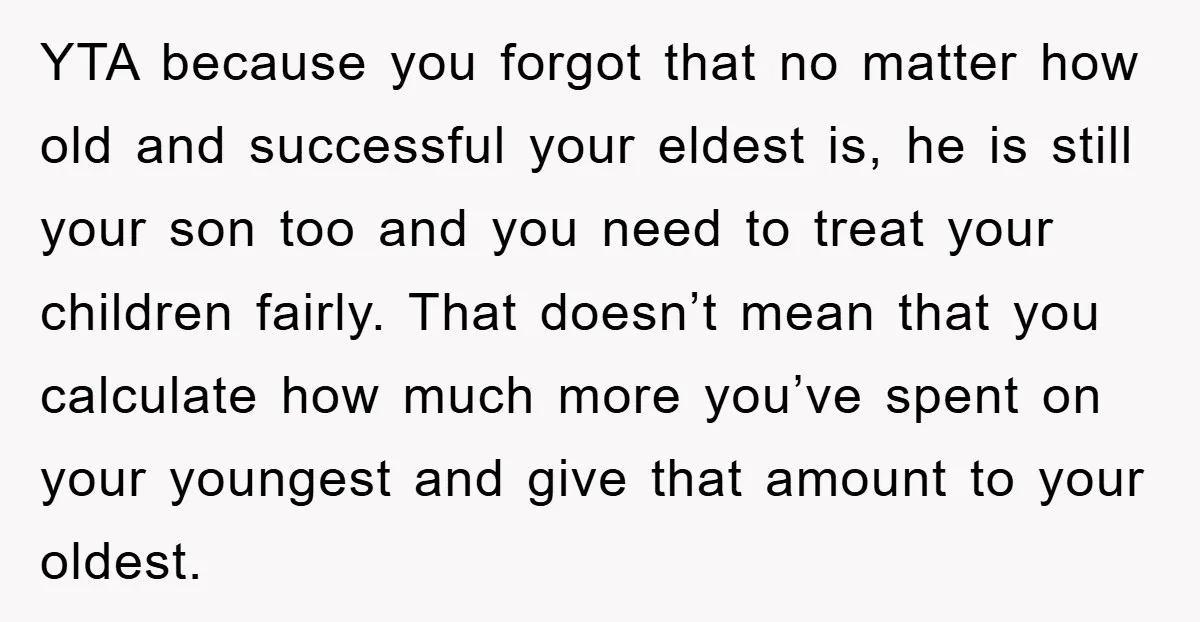 YTA because you forgot that no matter how old and successful your eldest is, he is still your son too and you need to treat your children fairly. That doesn’t...